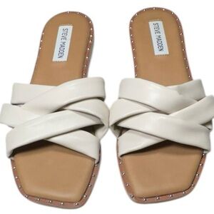 🔥2xHP🔥 Steve Madden Trial Strappy Faux Leather Bone Colored Slides Sandal Sz 7.5